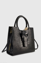 Black Buckled Medium Croco Leather Tote Bag with Detachable Strap